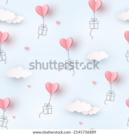 Hearts ballons with drawing gift boxes on cloudy blue sky background. Vector love seamless pattern for Happy Mother's or Valentine's Day greeting card design
