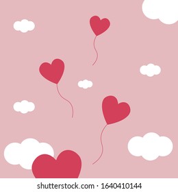 Hearts balloon fly in sky with clouds vector illustration