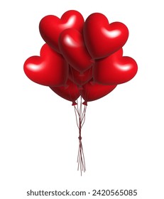 Hearts balloons. Bouquet of balloons. Vector 3D clipart isolated on white background.