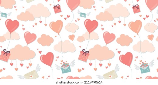 Hearts balloons clouds seamless pattern. Vector symbols of love flying on white background for Happy Mother's or Valentine's Day greeting card design