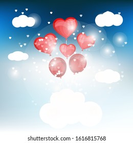 Hearts balloons with clouds and sky on Valentine's day background
