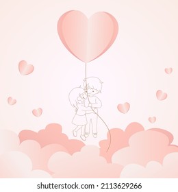 Hearts balloons with couple flying on pink background. Vector love postcard for Happy  Valentine's Day greeting card design.