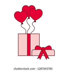 hearts balloons with gift box isolated icon