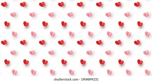 Hearts balloons seamless pattern. Vector paper red and pink symbols of love flying on white background for Happy Mother's or Valentine's Day greeting card design