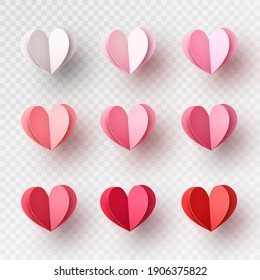 Hearts balloons set isolated on transparent background. Vector paper pink, red symbols of love template for Happy Mother's or Valentine's Day greeting card design