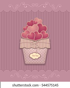 Hearts in basket  made from  texture paper pink lilac pastel colors for congratulation of  Valentine Day or for love confession or for present  or for creative Post Card