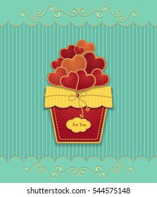 Hearts in basket  made from  texture paper red gold on blue for congratulation of  Valentine Day or for love confession or for present  or for creative Post Card