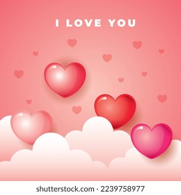 corazones entre nubes con cielo rosado. ilustración vectorial