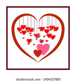Hearts in big red heart in square. Romantic symbol linked, join, love, passion and wedding. Template for t shirt, apparel, card, poster, etc. Design element for valentine day. Vector illustration