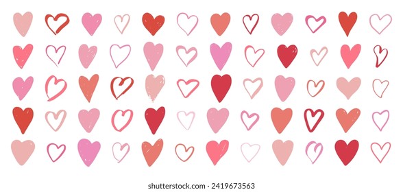 Corazones grandes, colores rojos y rosados. Símbolos de San Valentín, amor, romántico. Colección de corazones dibujados a mano, ilustración vectorial