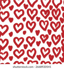 Hearts big and small polka dot seamless pattern hand drawn. Red doodle gouache splashes symbols on white.