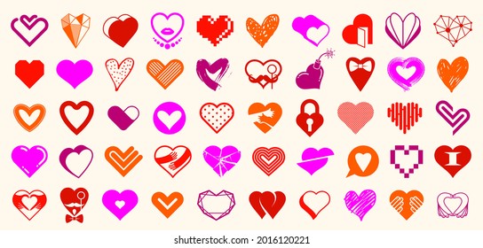Hearts big vector set of different shapes and concepts logos or icons, love and care, health and cardiology, geometric and low poly, collection of heart shapes symbols.