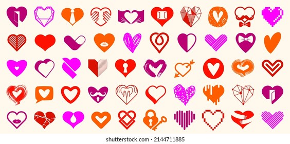 Hearts big vector set of different shapes and concepts logos or icons, love and care, health and cardiology, geometric and low poly, collection of heart shapes symbols.