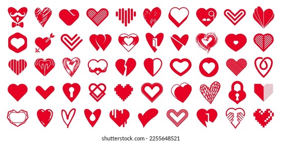 Hearts big vector set of different shapes and concepts logos or icons, love and care, health and cardiology, geometric and low poly, collection of heart shapes symbols.