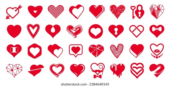 Hearts big vector set of different shapes and concepts logos or icons, love and care, health and cardiology, geometric and low poly, collection of heart shapes symbols.