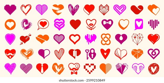Hearts big vector set of different shapes and concepts logos or icons, love and care, health and cardiology, geometric and low poly, collection of heart shapes symbols.