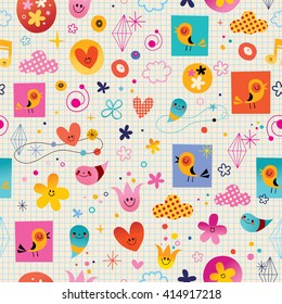 hearts birds flowers clouds seamless pattern with note book paper background