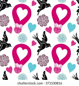 Hearts, birds, flowers, hot air balloons valentines day seamless pattern. Fabric design. Hand drawn ornament. Background texture, wallpaper, wrapping