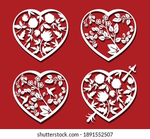Hearts, Birds on red background for laser cutting. Set of white ornamental hearts
