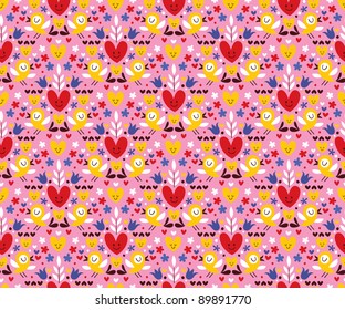 hearts & birds seamless pattern
