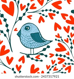 Hearts with birds seamless pattern. Romantic seamless background. hand drawing. Not AI. Happy Valentine's Day. Vector illustration