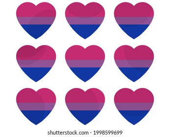 Corazones con bandera bisexual, conjunto de iconos. Día del orgullo bisexual. Minorías sexuales LGBT. Colección de íconos de corazones aislados en fondo blanco para pancartas y afiches. Ilustración del vector