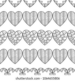 Hearts. Black and white decorative seamless pattern for coloring book. Romantic, lovely background.
