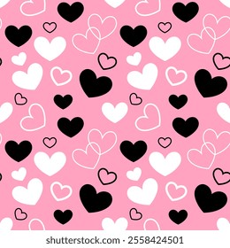 Hearts black and white scattered on pink background, Valentines Day design, seamless vector pattern, textile print, wallpaper, wrapping paper.