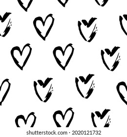 Hearts black and white vector seamless pattern. Freehand love symbol illustrations on white background. Hand drawn hearts grunge style textile print. Saint Valentines day wrapping paper design