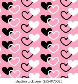 Hearts black and white in vertical rows on pink background, seamless vector pattern, Valentine's Day design, textile print, wallpaper, wrapping paper.