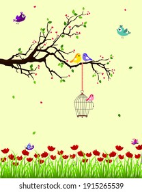 Hearts blossom tree branch wall sticker with bird cage,butterflies,red flowers and leaves.Decorative wall stickers for your houses interiors.Easy to make your own wall stickers.vector illustration.