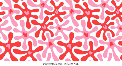 Hearts blots blobs blotches spritzt chaotisch nahtlose Vektormuster. Valentinstag surreal handgezeichnet trendy modernen Hintergrund. Flüssige, flüssige, abgerundete, süße Herzformen, Silhouetten. 