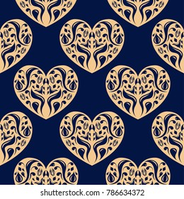 Hearts blue and gold, as seamless pattern. Romantic background