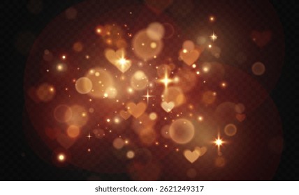 Harten bokeh en glitter. Banner met schattige mooie sprankelende deeltjes en sterren in hartvorm. Lichtend wazig ontwerpelement. Realistische vectorillustratie geïsoleerd op transparante achtergrond