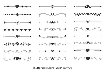 Hearts border divider black line silhouette glyph set. Editable stroke curved frame border love vintage decorative separator arrow geometric Valentines day wedding romantic swirl ornate page isolated