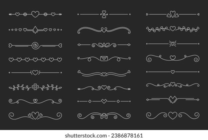 Juego de líneas modificables de color blanco del separador de borde del corazón. Amor vintage línea separador de línea de corazón flecha de marco geométrico curvado borde de marco San Valentín día de boda romántica swift página ornamental aislado