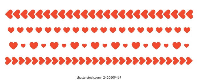 línea de borde de corazones, conjunto de divisores de corazón rojo para el día de San Valentín, elementos de vector decorativos horizontales