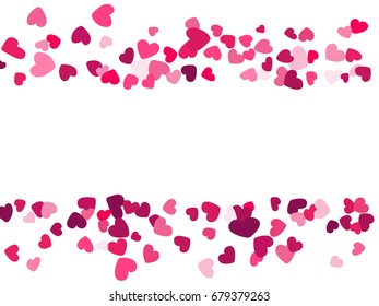 Hearts border vector pattern. Background illustration with love symbols confetti. Valentine's day banner with frame and place for text. Romantic feelings, relationships concept. Heart Confetti.
