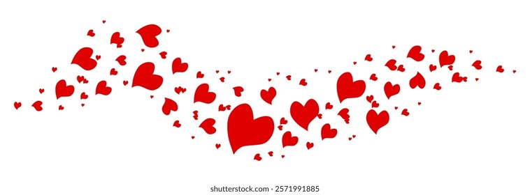  Hearts border in wave shape. Pink hearts border. Heart in the wave shape vector. Valentine's Day element decoration. Love concept. Flying red hearts confetti.