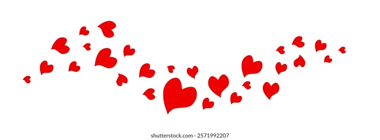  Hearts border in wave shape. Pink hearts border. Heart in the wave shape vector. Valentine's Day element decoration. Love concept. Flying red hearts confetti.