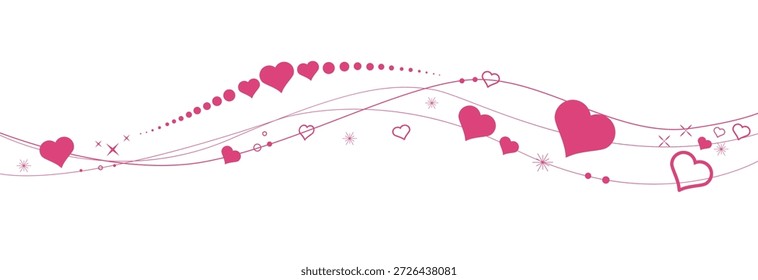Borda do coração em forma de onda. Borda de corações rosa. Coração no vetor de forma de onda. Dia dos Namorados decoração elemento. Conceito de amor. Coração voador confete.
