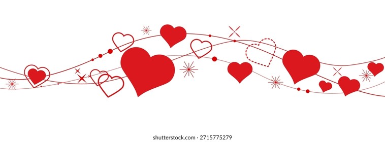 Borde de corazones en forma de onda. Frontera de corazones rojos. Corazón en forma de onda Vector. Decoración del elemento del día de San Valentín. Concepto de amor. Corazones voladores de confeti.