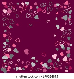Hearts border wedding background, invitation card template. Vector love symbols confetti frame with place for text. Valentine's day banner or card border.