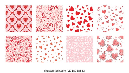 Corazones, lazos de Сoquette, patrones sin costuras de confeti. Feliz día de San Valentín colección de lindos fondos interminables. Texturas rosas y rojas para la materia textil, tela, envoltura, Fondo de pantalla, empaquetado, diseño romántico