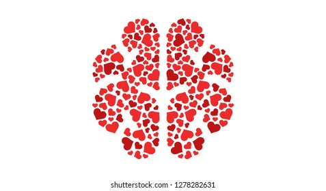 Hearts in brain isolated on a whit background. Fall in love. Conflict between emotions and rationality. Icon or logo. Red color. Simple modern design. Valentine's day. Flat style vector illustration.