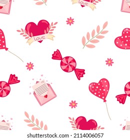 Hearts with branches and leaves, open love envelope, flowers, balloons with round shapes, candy on a white background. Seamless lovely pattern. Valentine Day. Suitable for wrapping, textile.