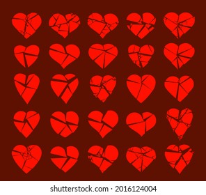 Hearts broken to pieces like a glass vector logos or icons set, broken heart concept, breakup or divorce, heartbreak regret, separated couple, tragic love.