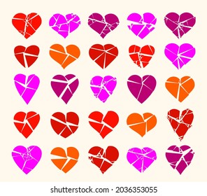 Hearts broken to pieces like a glass vector logos or icons set, broken heart concept, breakup or divorce, heartbreak regret, separated couple, tragic love.