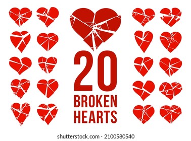 Hearts broken to pieces like a glass vector logos or icons set, broken heart concept, breakup or divorce, heartbreak regret, separated couple, tragic love.