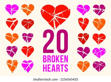 Hearts broken to pieces like a glass vector logos or icons set, broken heart concept, breakup or divorce, heartbreak regret, separated couple, tragic love.